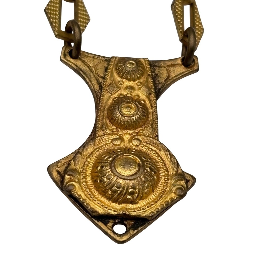 Antique Victorian Gold Tone Repousse Shield Pendant Mixed Link Chain Necklace‎